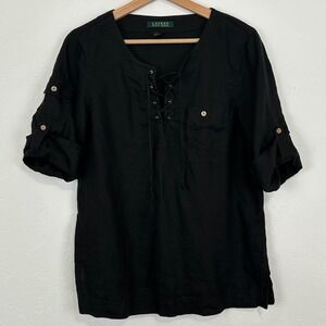 Lauren Ralph Lauren Women Linen Coastal Top Sz M Old Money Roll Tab Sleeve Black